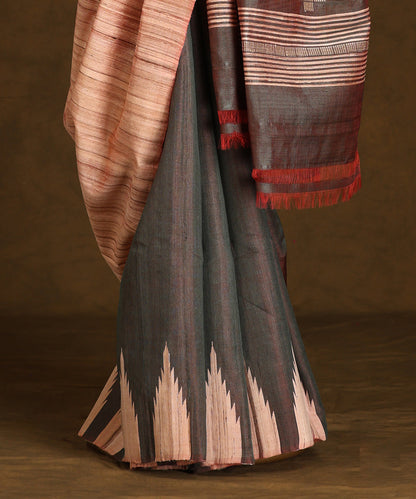 Beige_And_Brown_Handloom_Pure_Kosa_Silk_Saree_With_Temple_Border_WeaverStory_03
