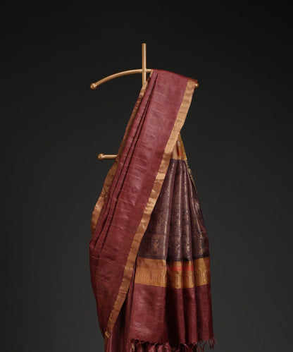 Handloom_Maroon_Pure_Ghhecha_Silk_Saree_With_Golden_Stripes_All_Over_WeaverStory_02