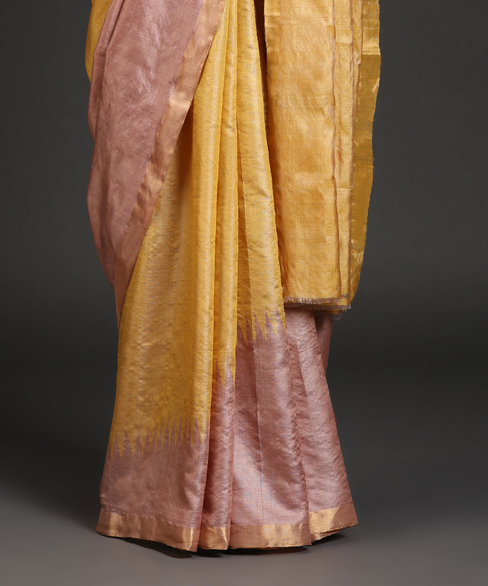 Handloom_Pastel_Yellow_Double_Shade_Kosa_Silk_Saree_With_Temple_Border_In_Light_Purple_WeaverStory_03