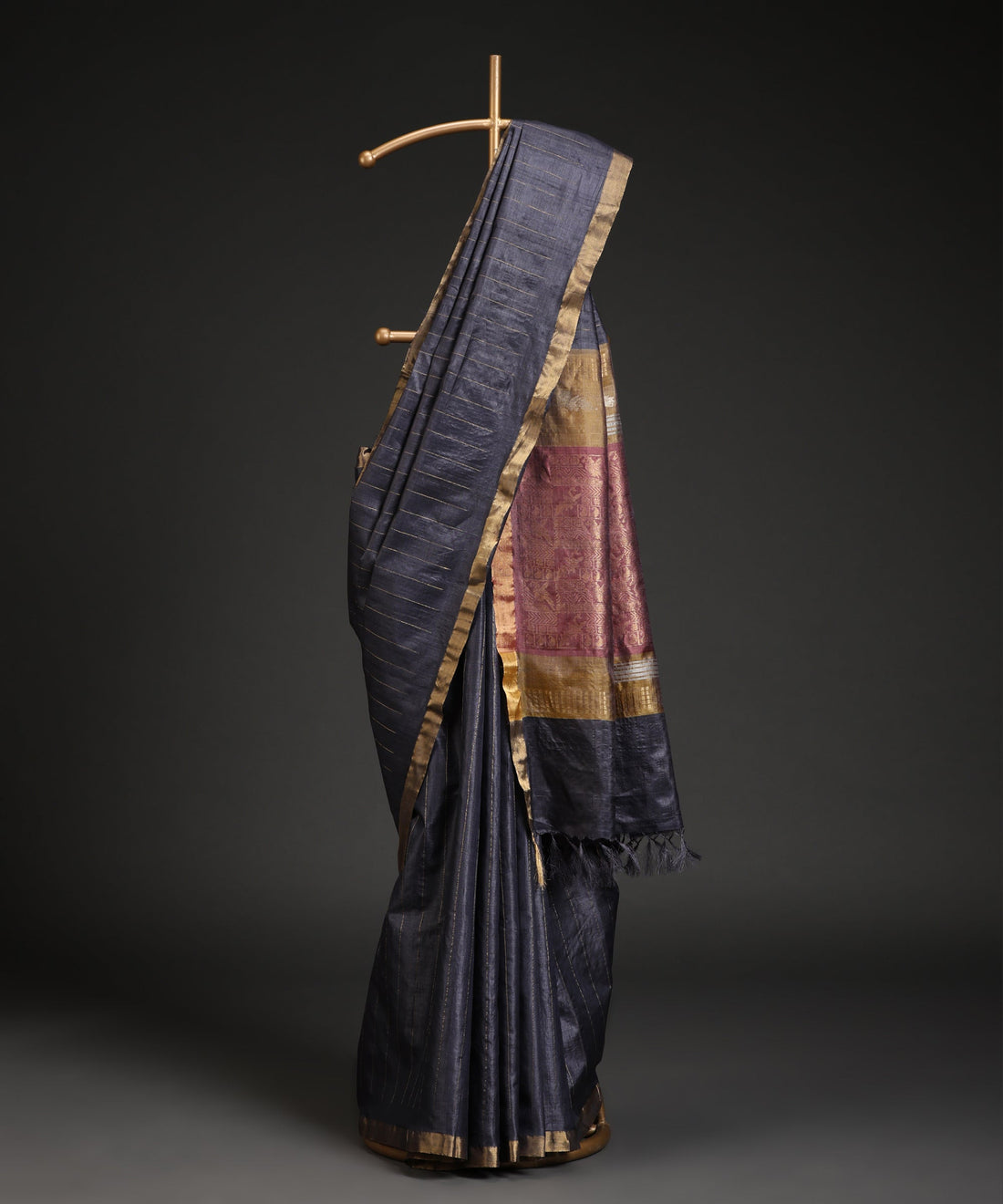 Handloom_Steel_Grey_Kosa_Silk_Saree_With_All_Over_Golden_Striped_WeaverStory_01