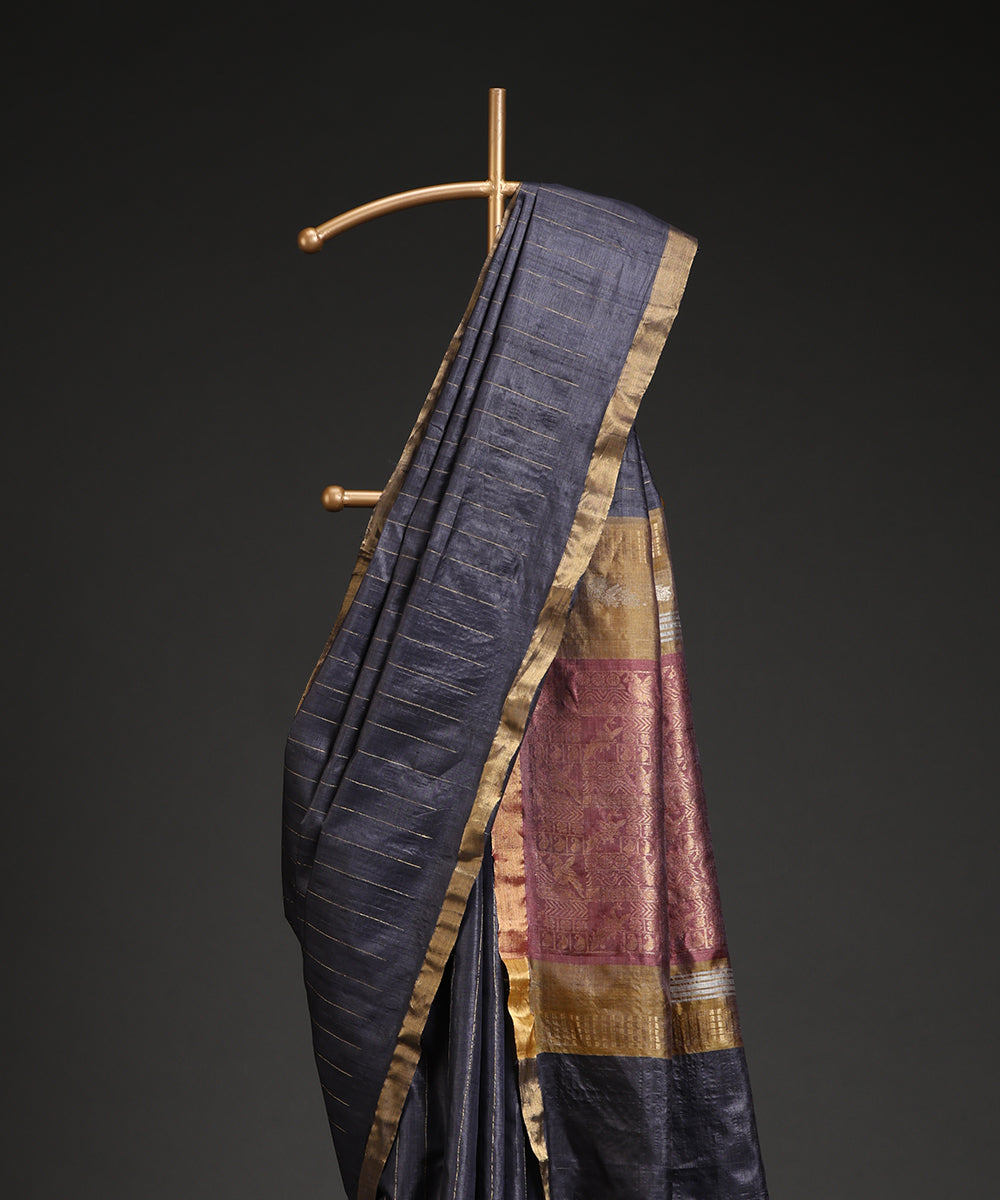 Handloom_Steel_Grey_Kosa_Silk_Saree_With_All_Over_Golden_Striped_WeaverStory_02