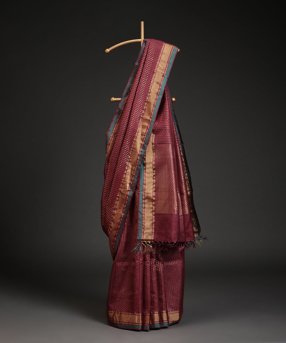 Wine_Handloom_Kosa_Silk_Saree_With_All_Over_Golden_Booti_WeaverStory_01