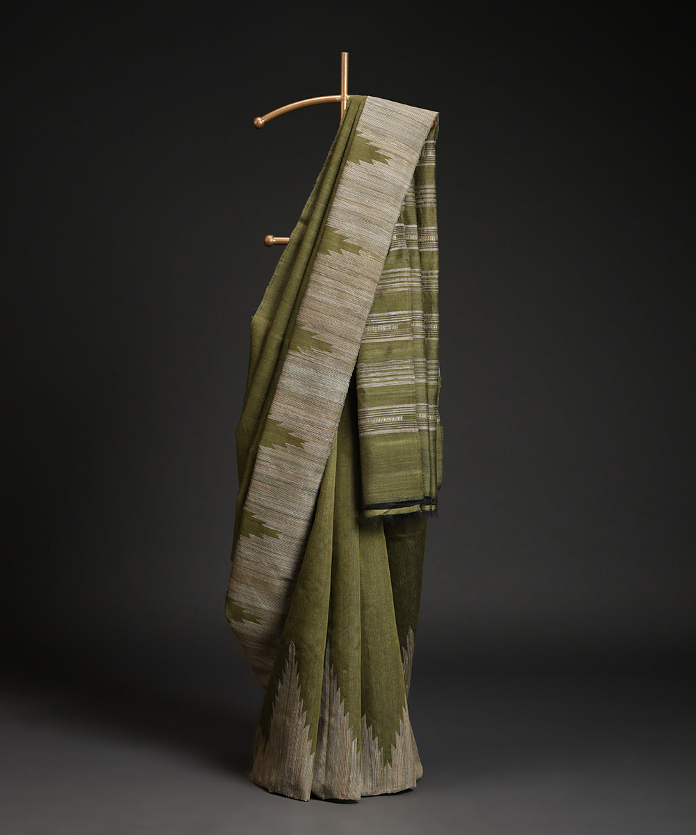 Olive_Green_Handloom_Kosa_Silk_Saree_With_Temple_Border_In_Offwhite_WeaverStory_01
