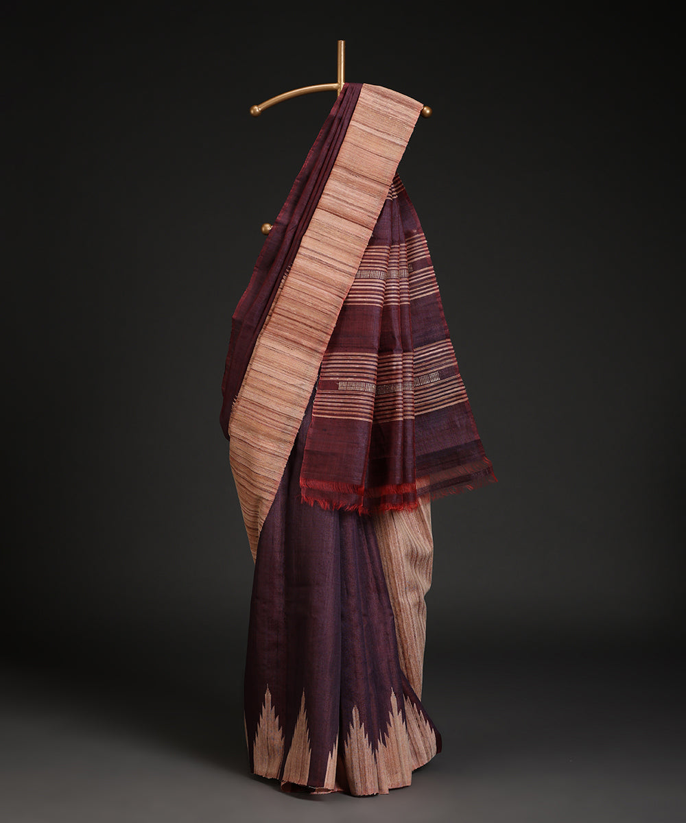 Wine_Handloom_Pure_Kosa_Silk_Saree_With_Stripes_And_Temple_Border_WeaverStory_01