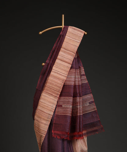 Wine_Handloom_Pure_Kosa_Silk_Saree_With_Stripes_And_Temple_Border_WeaverStory_02