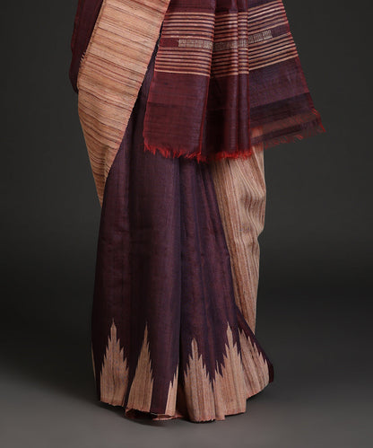 Wine_Handloom_Pure_Kosa_Silk_Saree_With_Stripes_And_Temple_Border_WeaverStory_03