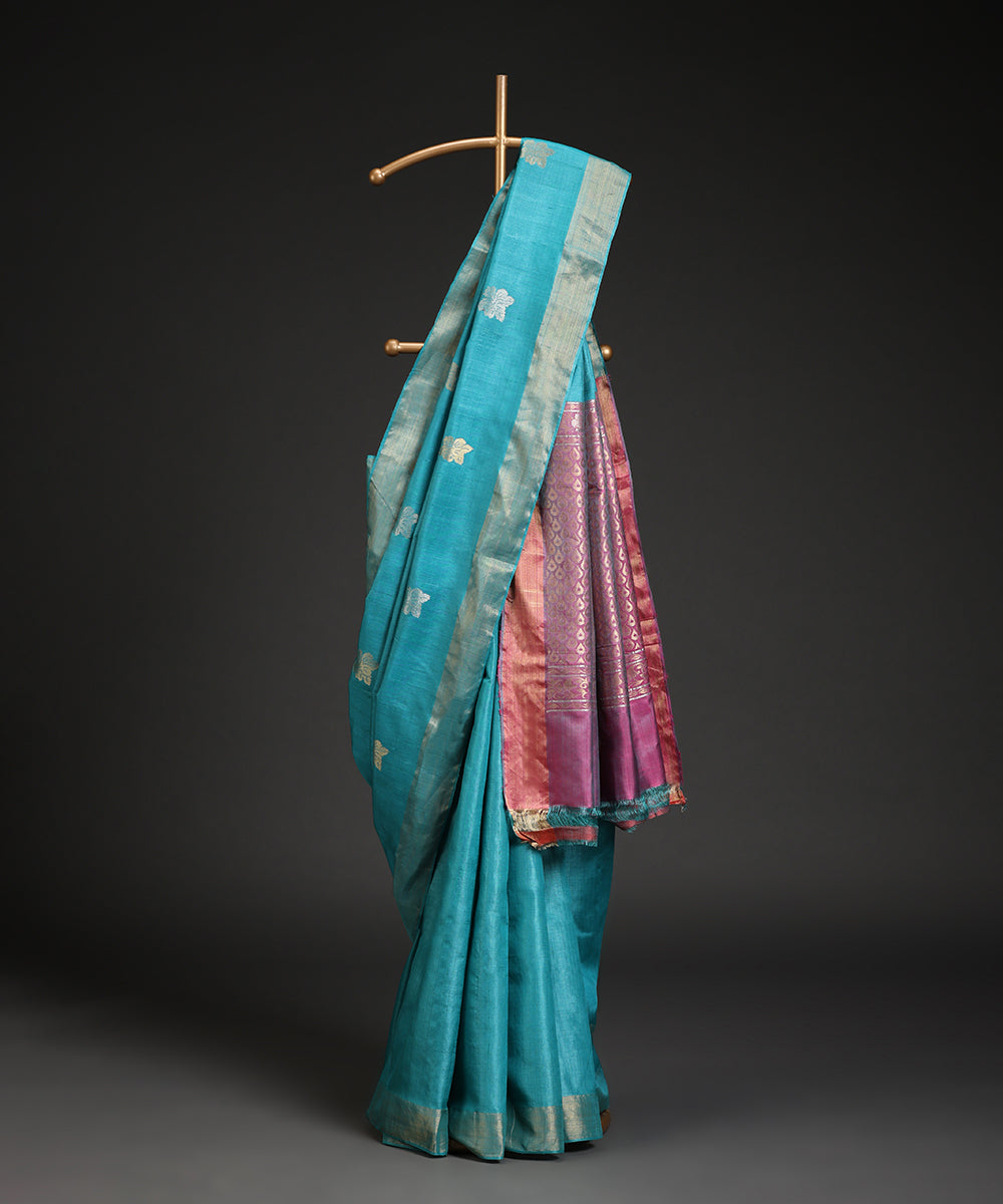 Handloom_Sea_Green_Pure_Kosa_Silk_Saree_With_All_Over_Hibiscus_Booti_WeaverStory_01