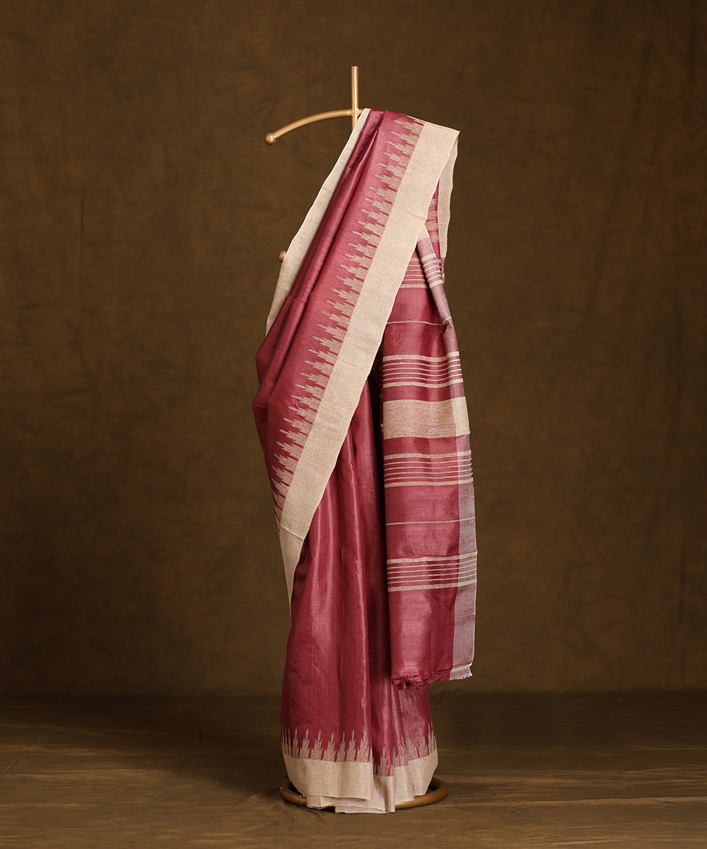 Wine_Handloom_Pure_Kosa_Silk_Saree_With_Temple_Zari_Border_WeaverStory_01