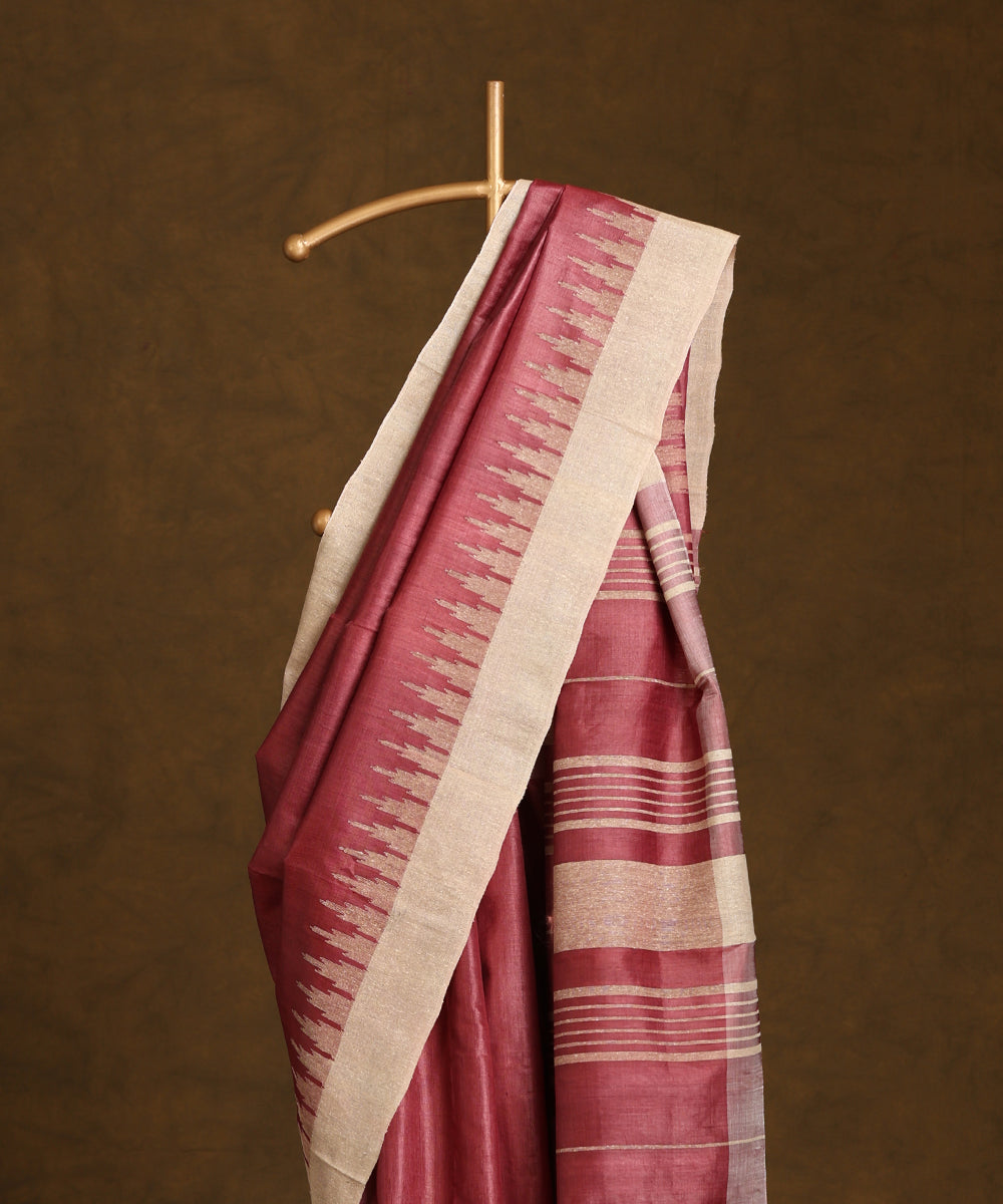 Wine_Handloom_Pure_Kosa_Silk_Saree_With_Temple_Zari_Border_WeaverStory_02