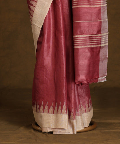 Wine_Handloom_Pure_Kosa_Silk_Saree_With_Temple_Zari_Border_WeaverStory_03