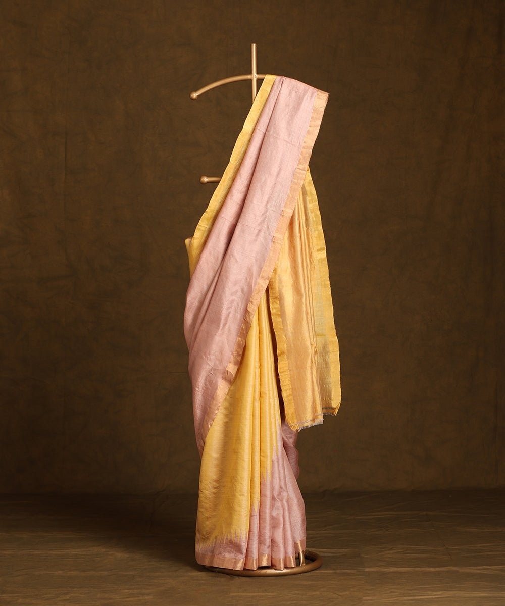 Beige_Handloom_Pure_Kosa_Silk_Saree_With_Golden_Zari_Border_WeaverStory_01