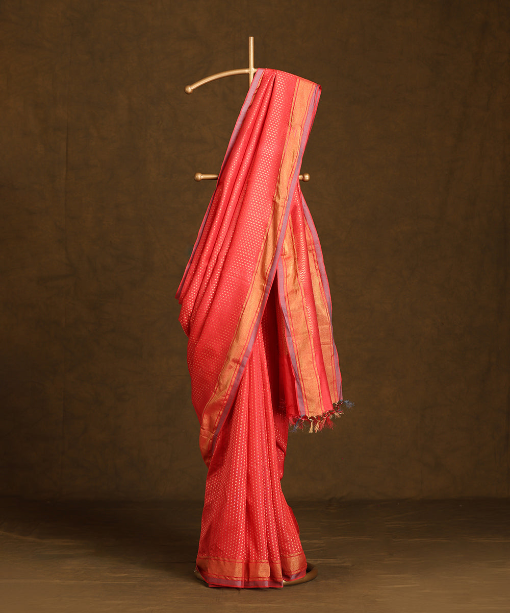 Pink_Handloom_Pure_Kosa_Silk_Saree_With_Small_Booti_And_Zari_Border_WeaverStory_01
