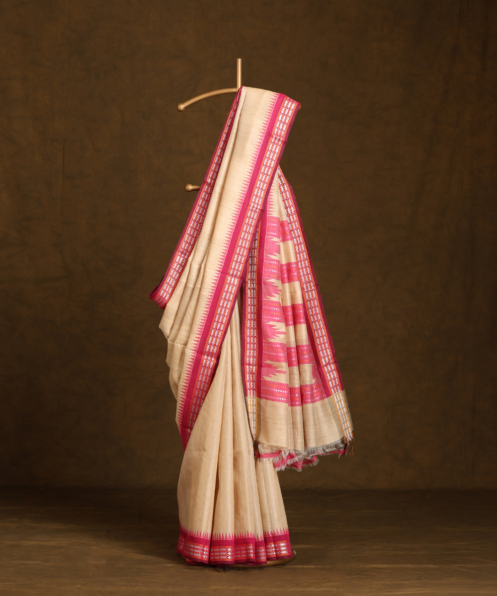 Beige_Handloom_Pure_Kosa_Silk_Saree_With_Pink_Temple_Border_WeaverStory_01