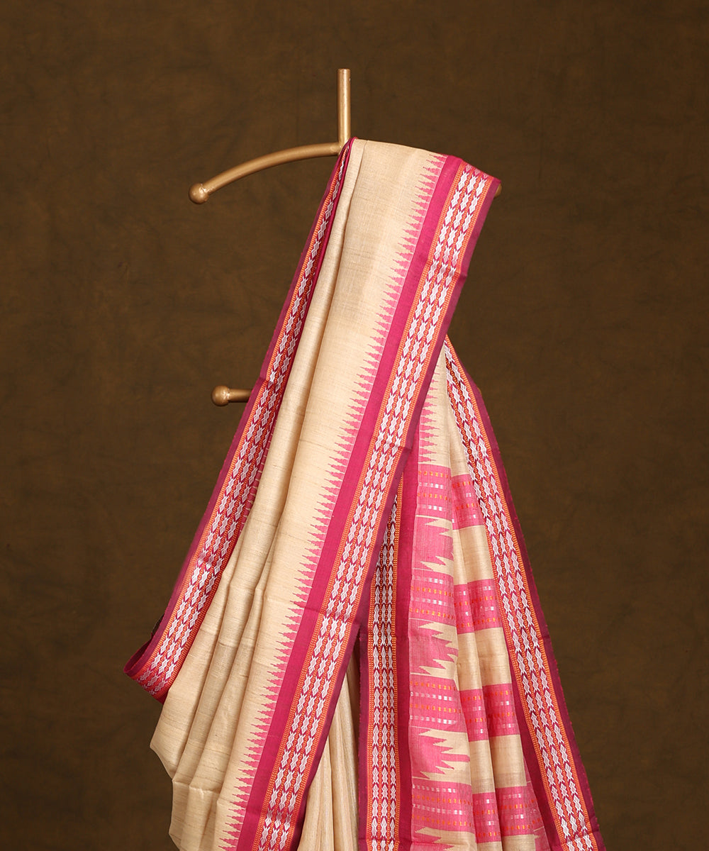Beige_Handloom_Pure_Kosa_Silk_Saree_With_Pink_Temple_Border_WeaverStory_02