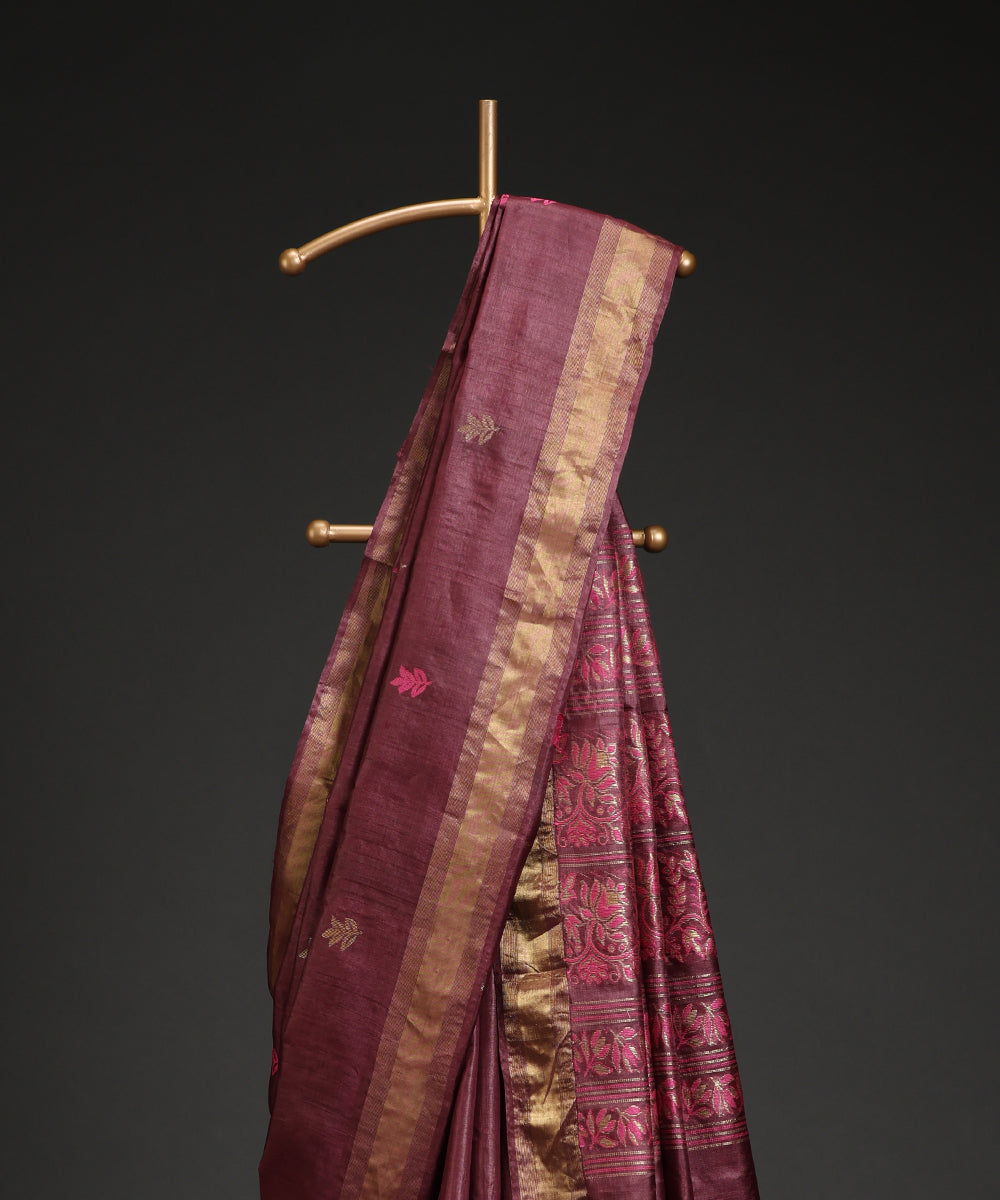 Handloom_Wine_Pure_Kosa_Silk_Saree_With_All_Over_Booti_And_Golden_Zari_Border_WeaverStory_02