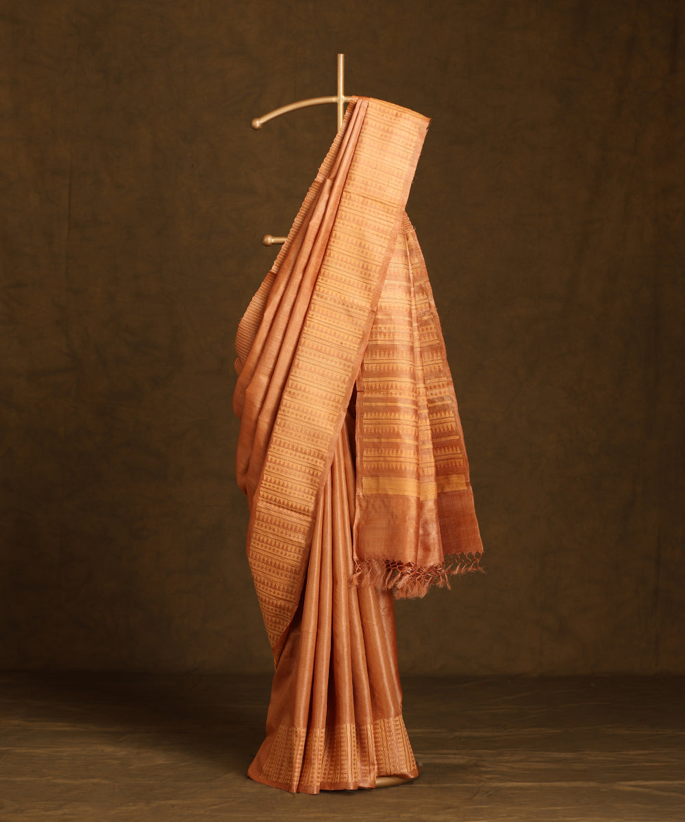 Rust_Peach_Handloom_Pure_Kosa_Silk_Saree_With_Thik_Border_WeaverStory_01