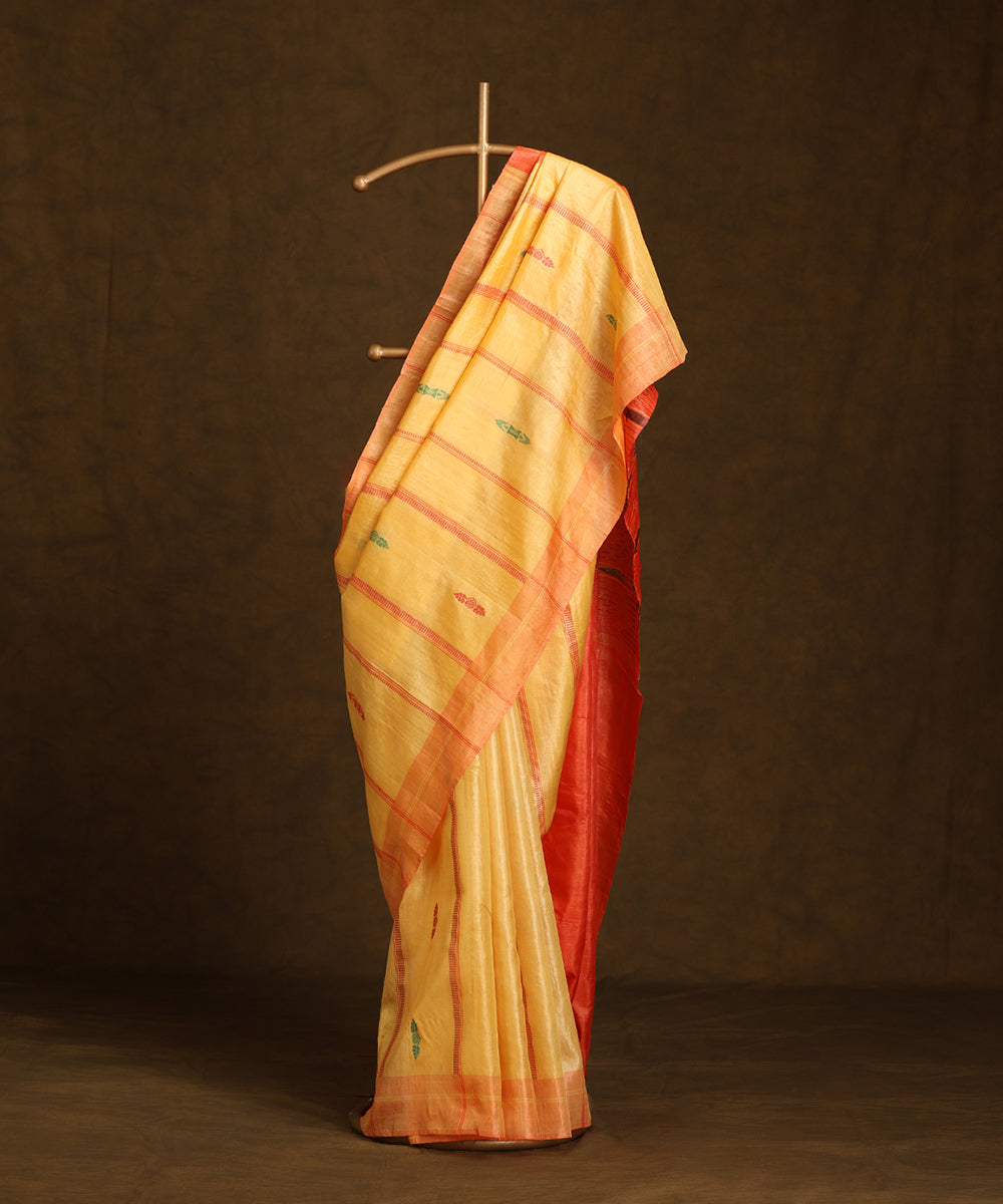Ocher_Yellow_Handloom_Pure_Kosa_Silk_Striped_Saree_With_Rust_Border_WeaverStory_01