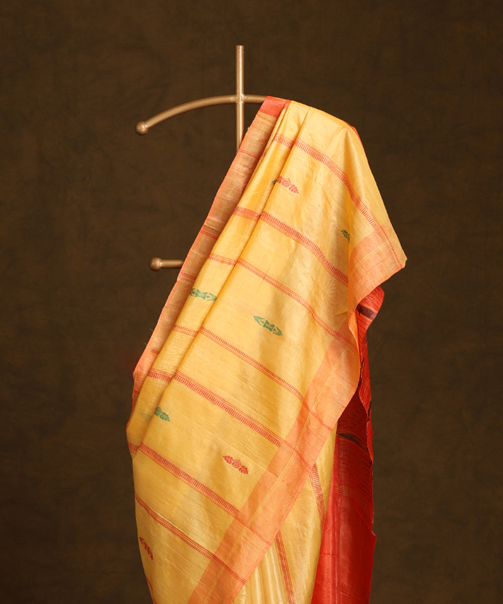 Ocher_Yellow_Handloom_Pure_Kosa_Silk_Striped_Saree_With_Rust_Border_WeaverStory_02
