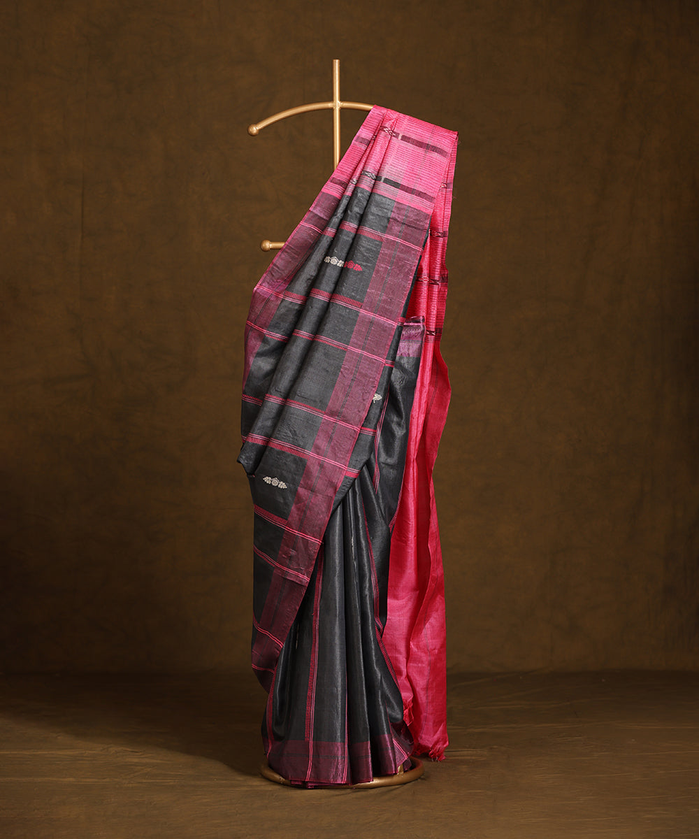 Dark_Grey_And_Pink_Handloom_Pure_Kosa_Silk_Striped_Saree_WeaverStory_01