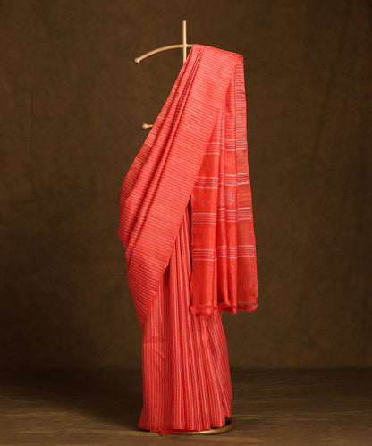 Deep_Orange_Handloom_Pure_Kosa_Silk_Striped_Saree_WeaverStory_01