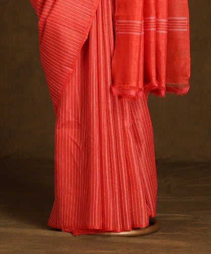 Deep_Orange_Handloom_Pure_Kosa_Silk_Striped_Saree_WeaverStory_03