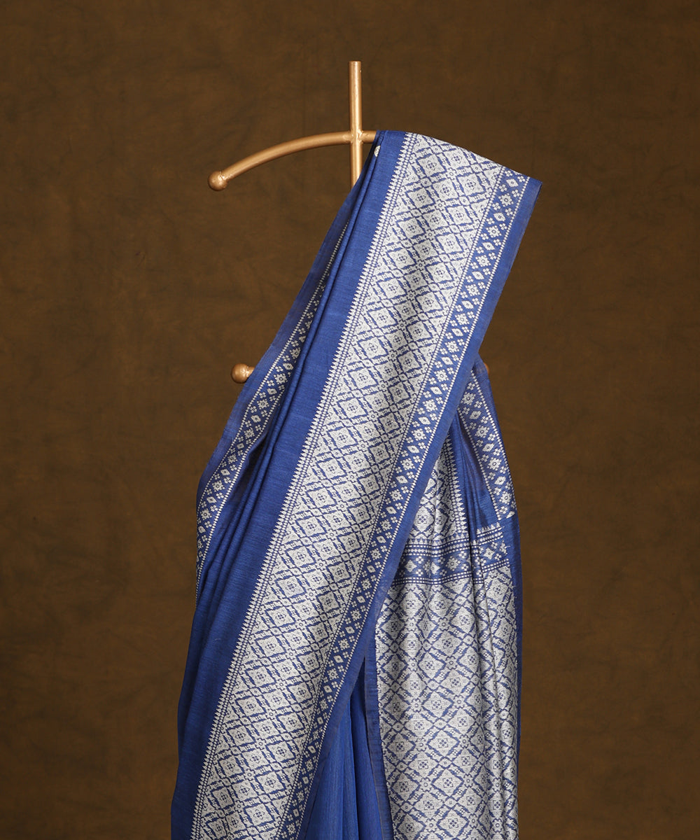 Blue_Handloom_Pure_Kosa_Silk_Saree_With_Thick_Geometrical_Border_WeaverStory_02