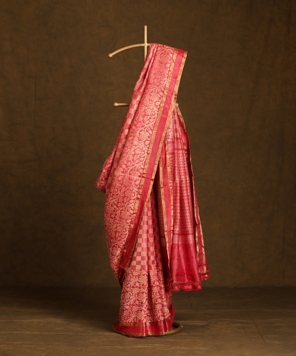 Pink_Handloom_Pure_Kosa_Silk_Saree_With_Lotus_Zari_Jaal_WeaverStory_01