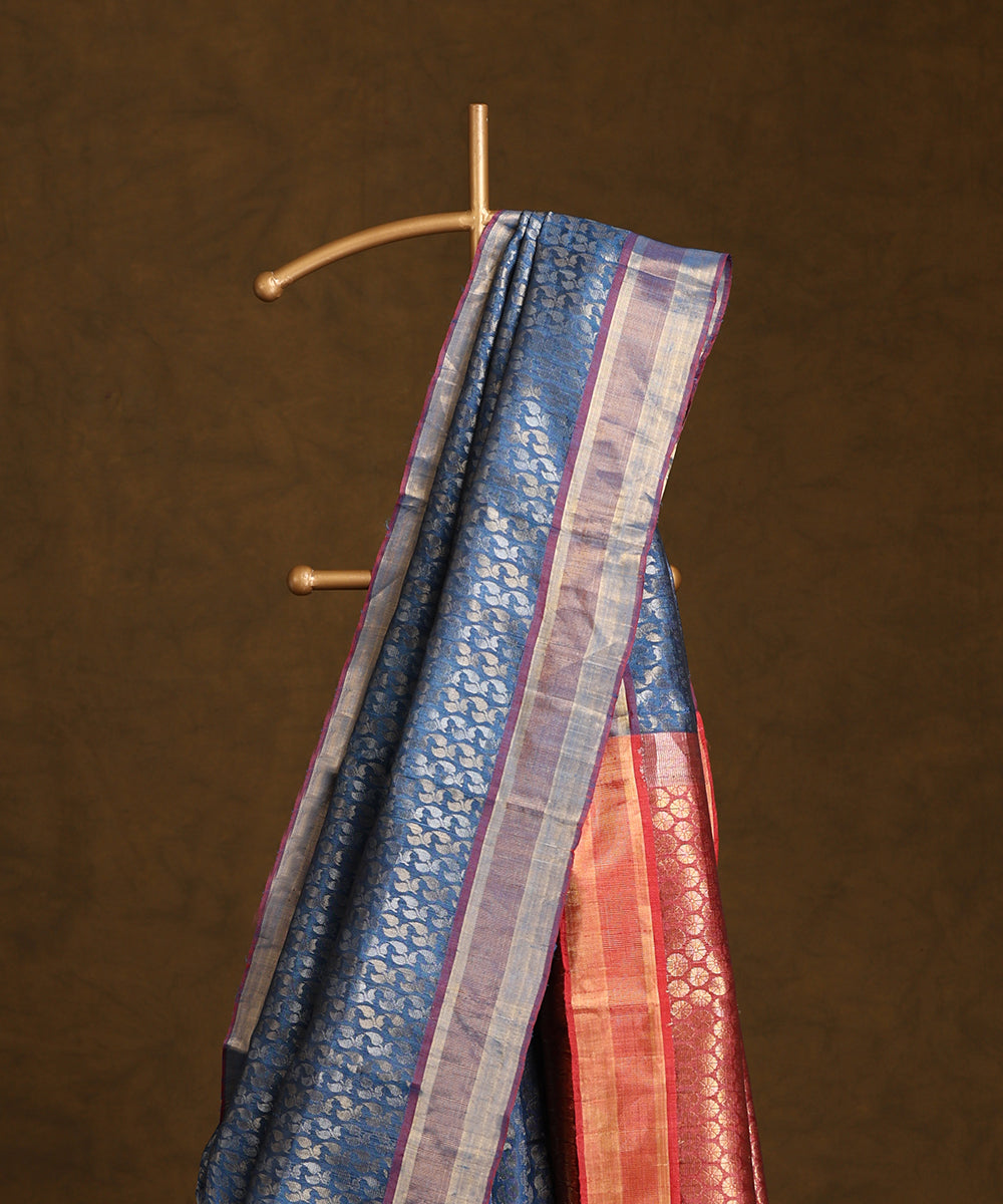 Handloom_Blue_Pure_Kosa_Silk_Saree_With_Purple_Zari_Border_WeaverStory_02