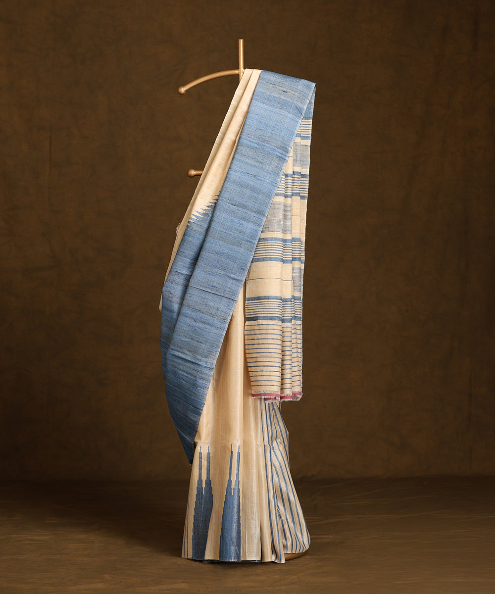 Handloom_Beige_Pure_Kosa_Silk_Saree_With_Blue_Border_WeaverStory_01