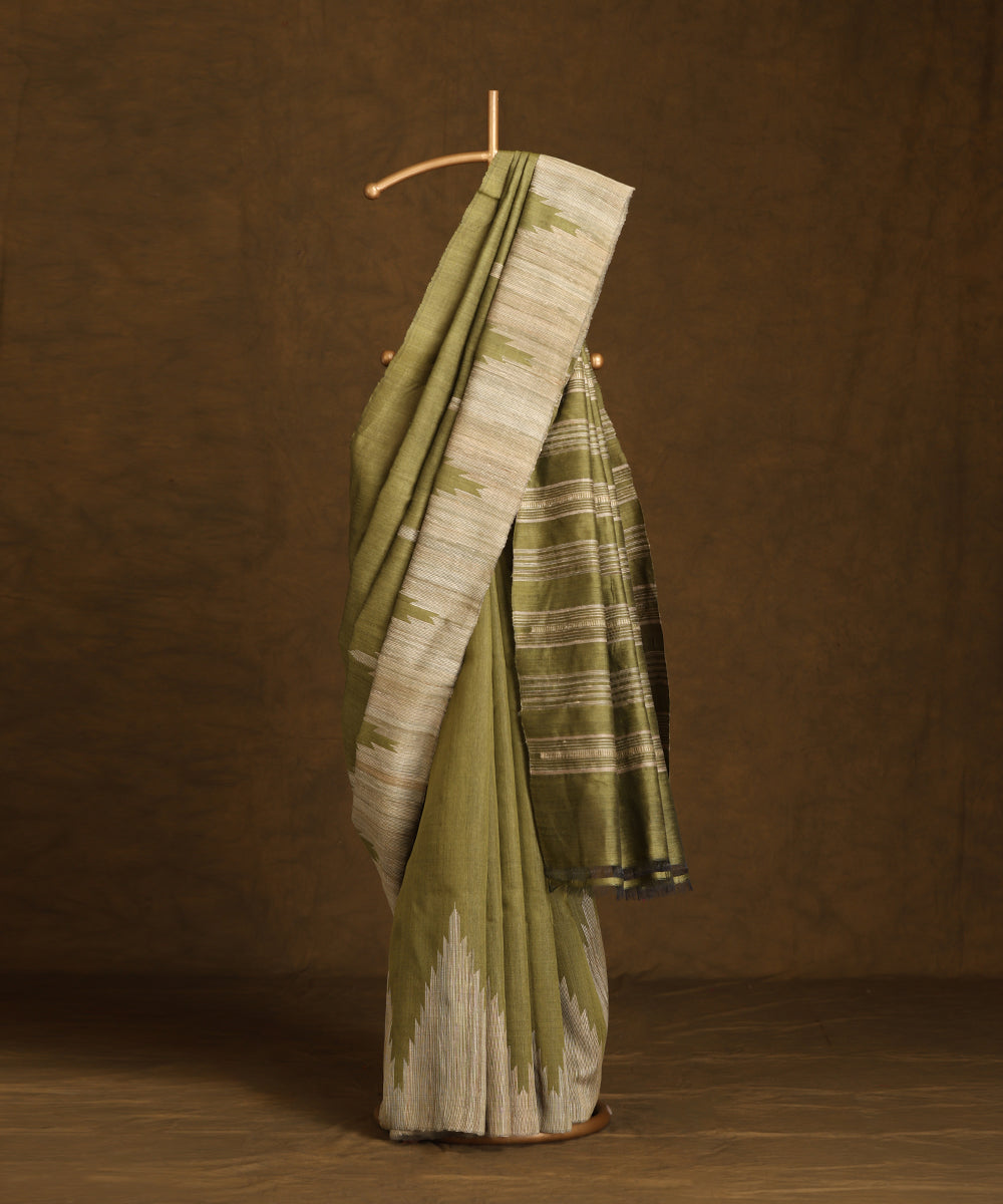 Olive_Handloom_Pure_Kosa_Silk_Saree_With_Beige_Temple_Border_And_Pallu_WeaverStory_01