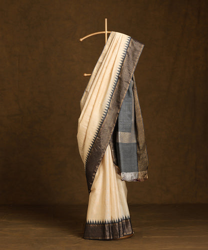 Handloom_Beige_Pure_Kosa_Silk_Saree_With_Grey_Temple_Border_WeaverStory_01