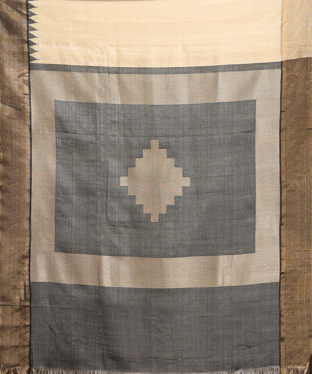 Handloom_Beige_Pure_Kosa_Silk_Saree_With_Grey_Temple_Border_WeaverStory_05