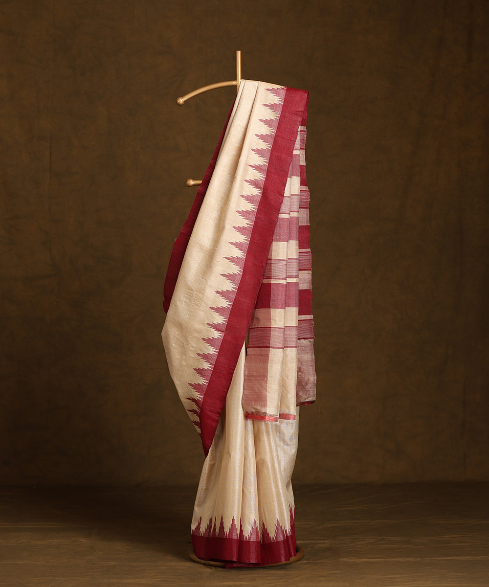 Cream_Handloom_Pure_Kosa_Silk_Saree_With_Maroon_Temple_Border_WeaverStory_01