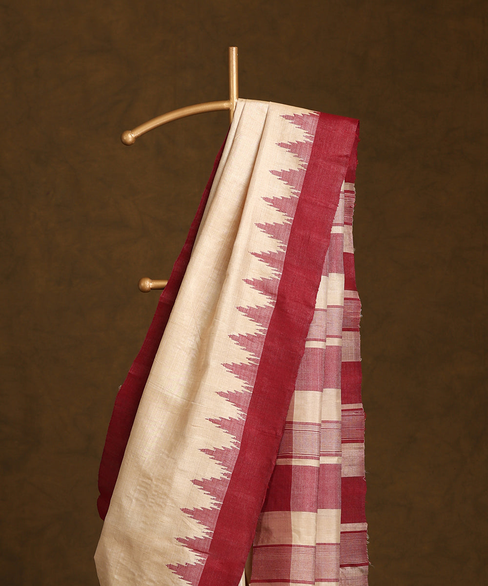 Cream_Handloom_Pure_Kosa_Silk_Saree_With_Maroon_Temple_Border_WeaverStory_02