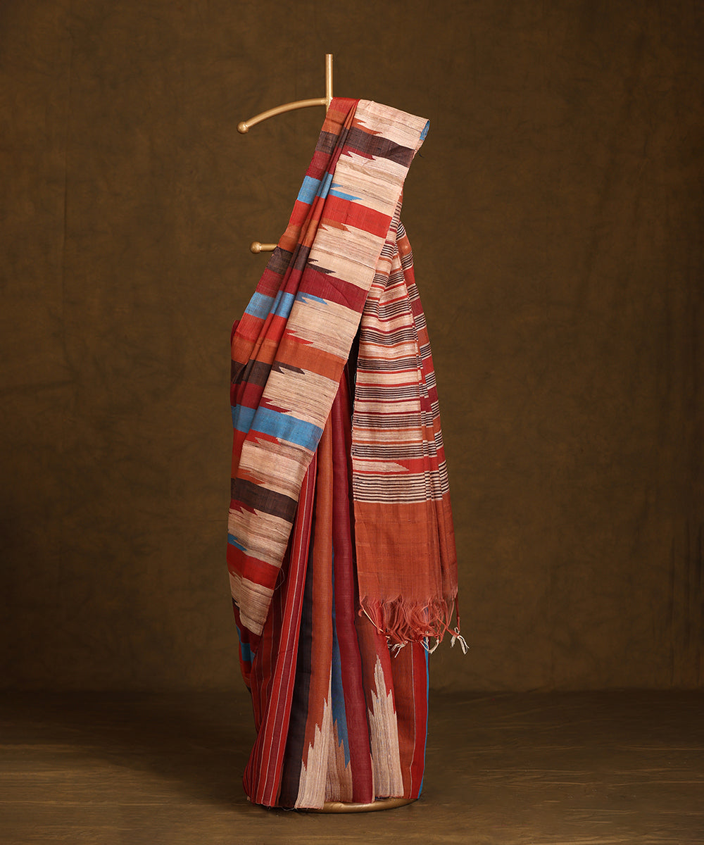 Handloom_Rust_And_Beige_Pure_Kosa_Silk_Striped_Saree_WeaverStory_01