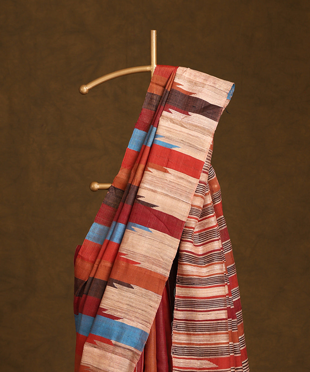 Handloom_Rust_And_Beige_Pure_Kosa_Silk_Striped_Saree_WeaverStory_02