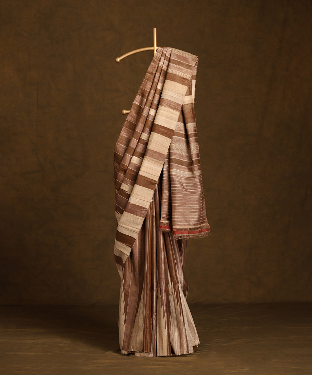 Brown_And_Beige_Handloom_Pure_Kosa_Silk_Striped_Saree_WeaverStory_01