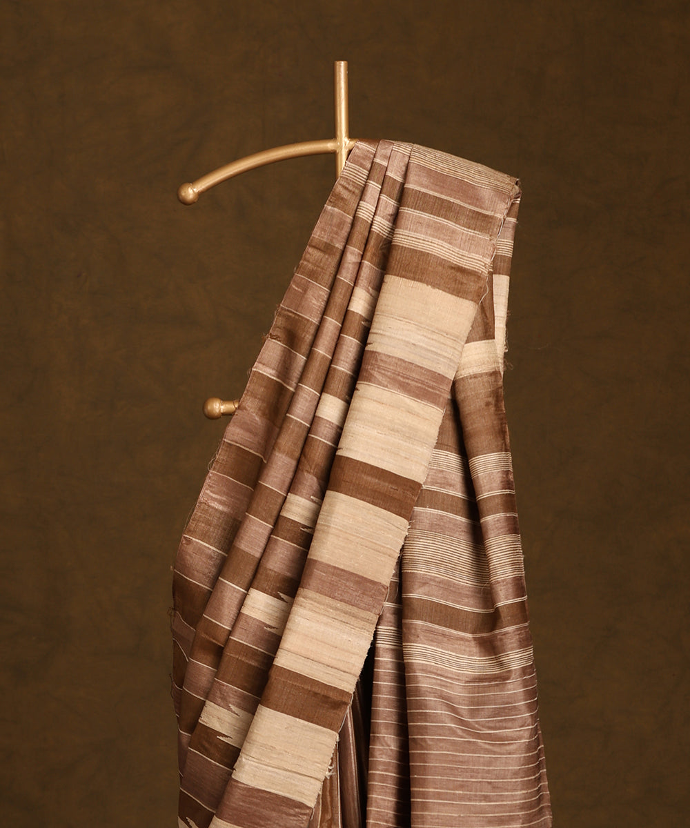 Brown_And_Beige_Handloom_Pure_Kosa_Silk_Striped_Saree_WeaverStory_02