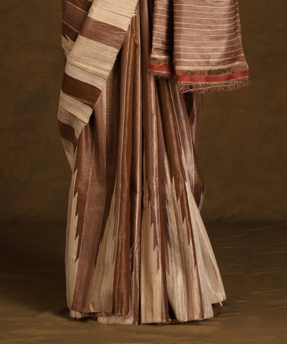 Brown_And_Beige_Handloom_Pure_Kosa_Silk_Striped_Saree_WeaverStory_03