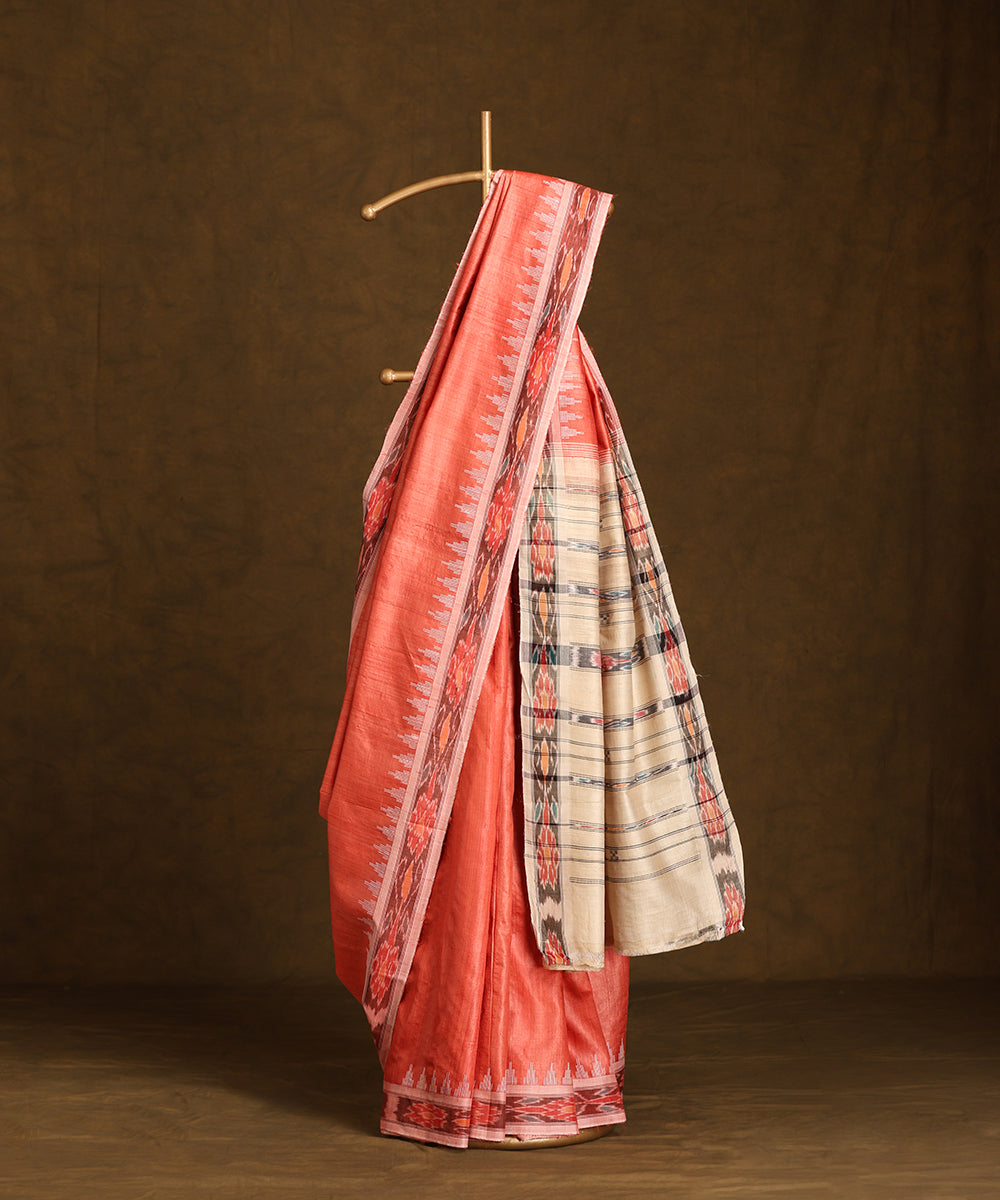 Handloom_Rust_Orange_Pure_Kosa_Silk_Saree_With_Ikat_Border_And_Palla_WeaverStory_01