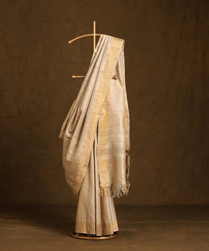 Beige_Handloom_Pure_Kosa_Silk_Saree_With_Golden_Border_WeaverStory_01