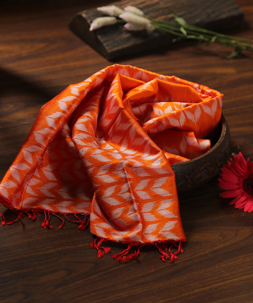 Orange_Handloom_Pure_Mulberry_Silk_Single_Ikat_Stole_WeaverStory_01