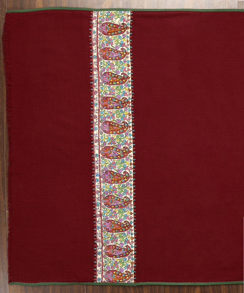 Red_Handwoven_Pure_Pashmina_Stole_With_Hand_Appliqued_Kalamkari_And_Sozni_Border_WeaverStory_02
