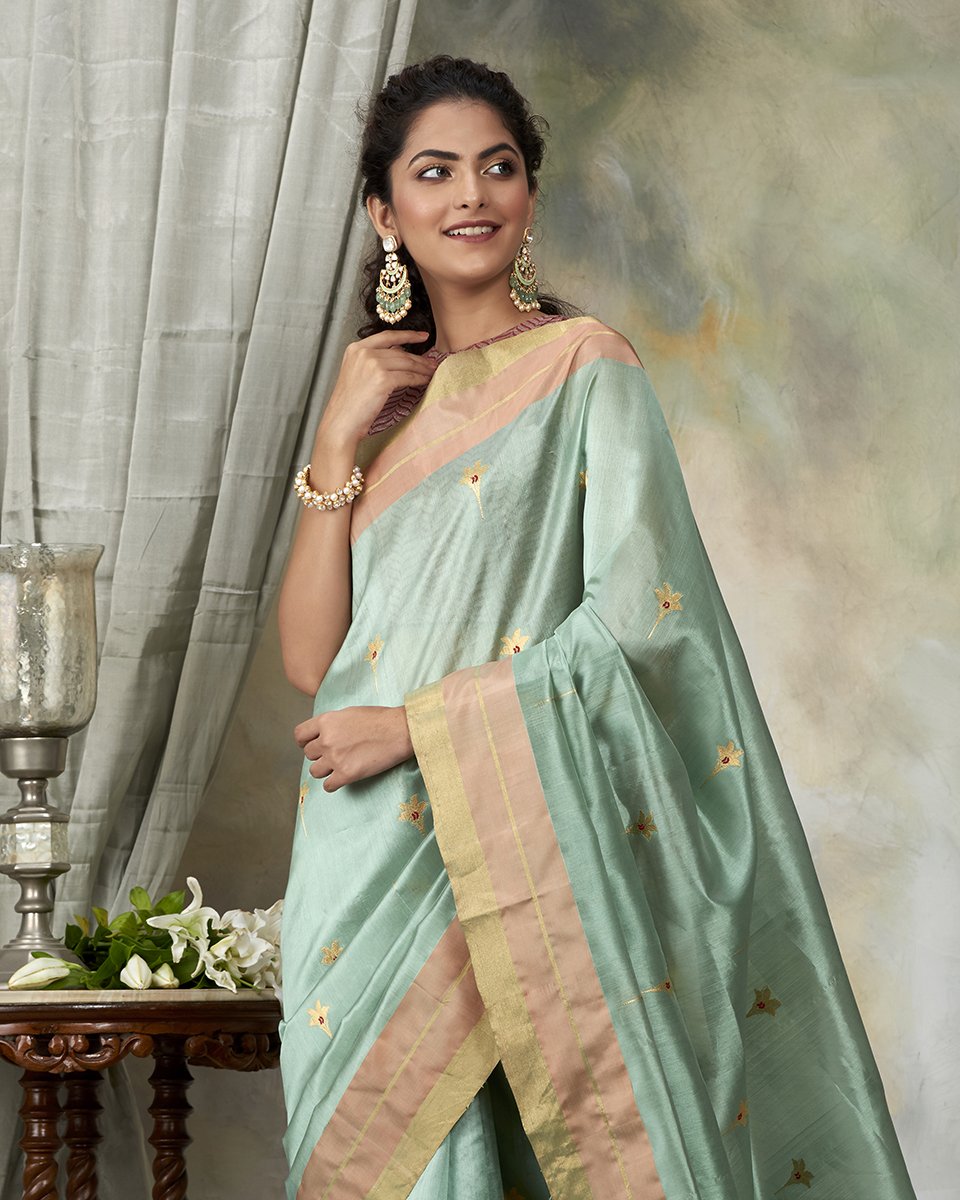 Sea_Green_Handloom_Chanderi_Saree_With_Floral_Booti_And_Pink_Border_WeaverStory_01