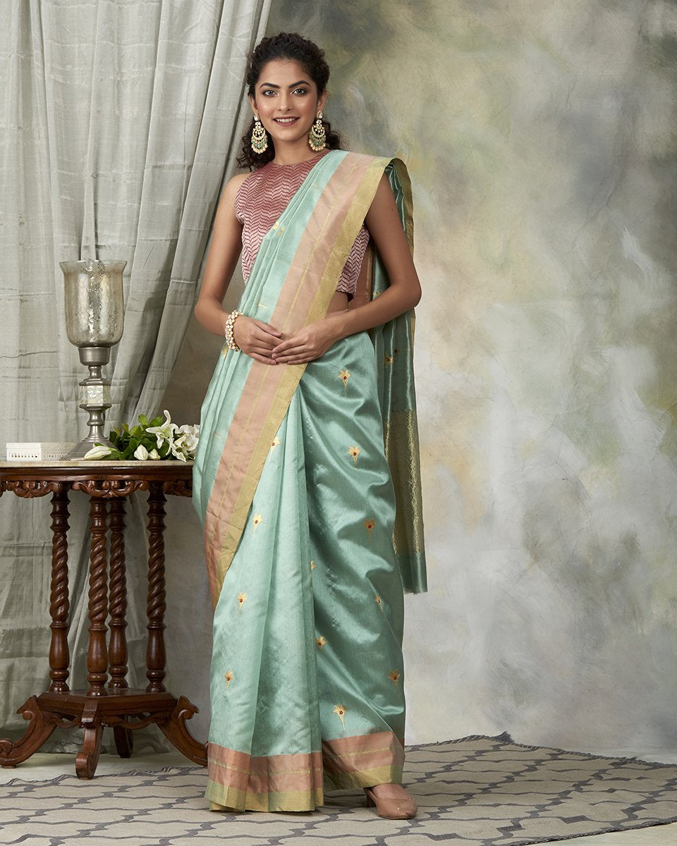 Sea_Green_Handloom_Chanderi_Saree_With_Floral_Booti_And_Pink_Border_WeaverStory_02