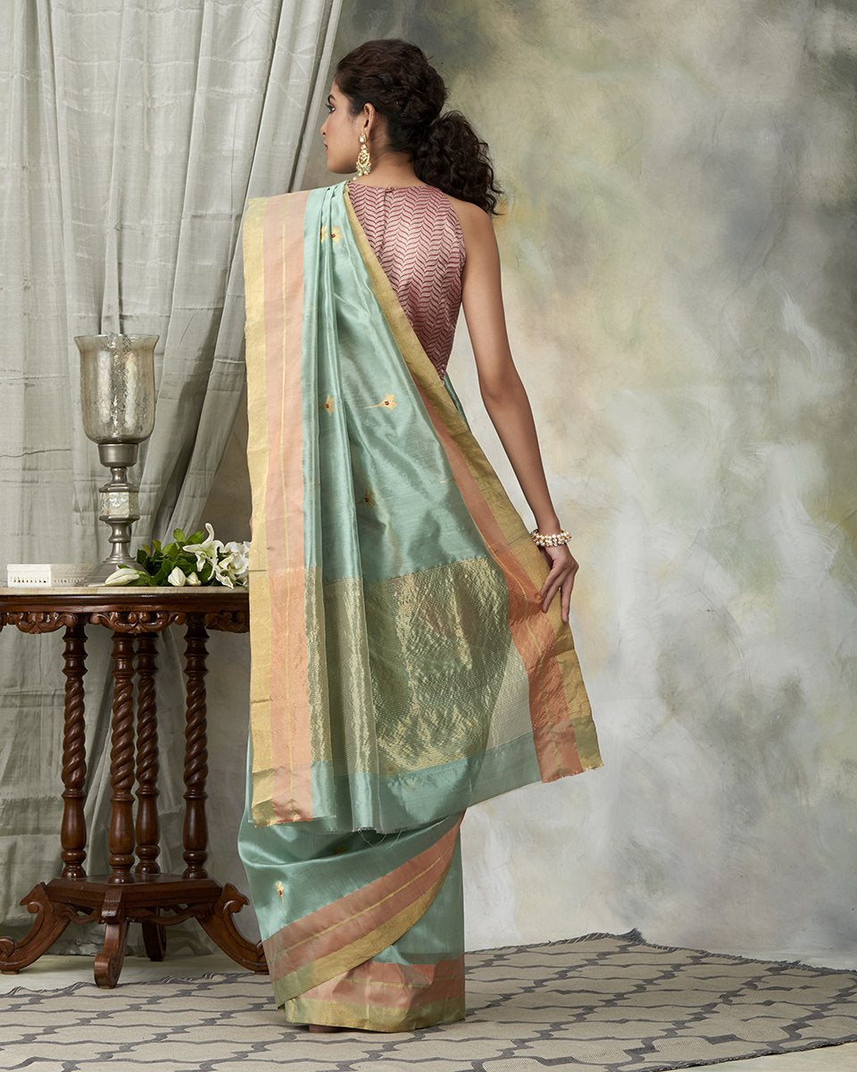 Sea_Green_Handloom_Chanderi_Saree_With_Floral_Booti_And_Pink_Border_WeaverStory_03