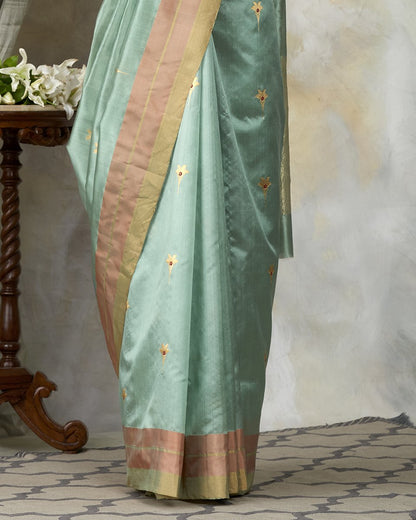 Sea_Green_Handloom_Chanderi_Saree_With_Floral_Booti_And_Pink_Border_WeaverStory_04