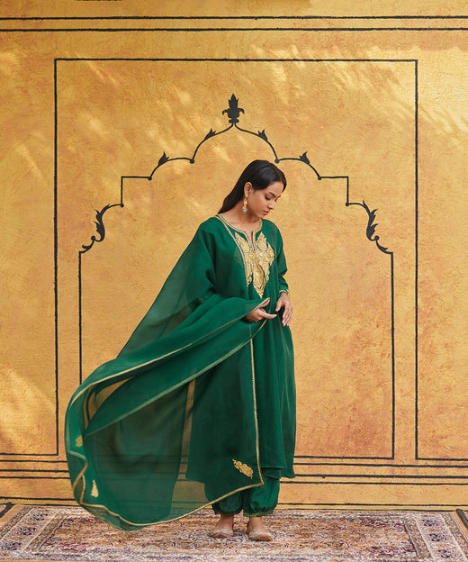 Bottle Green Pure Silk Tilla Hand Embroidered Suit With Pants And Dupatta