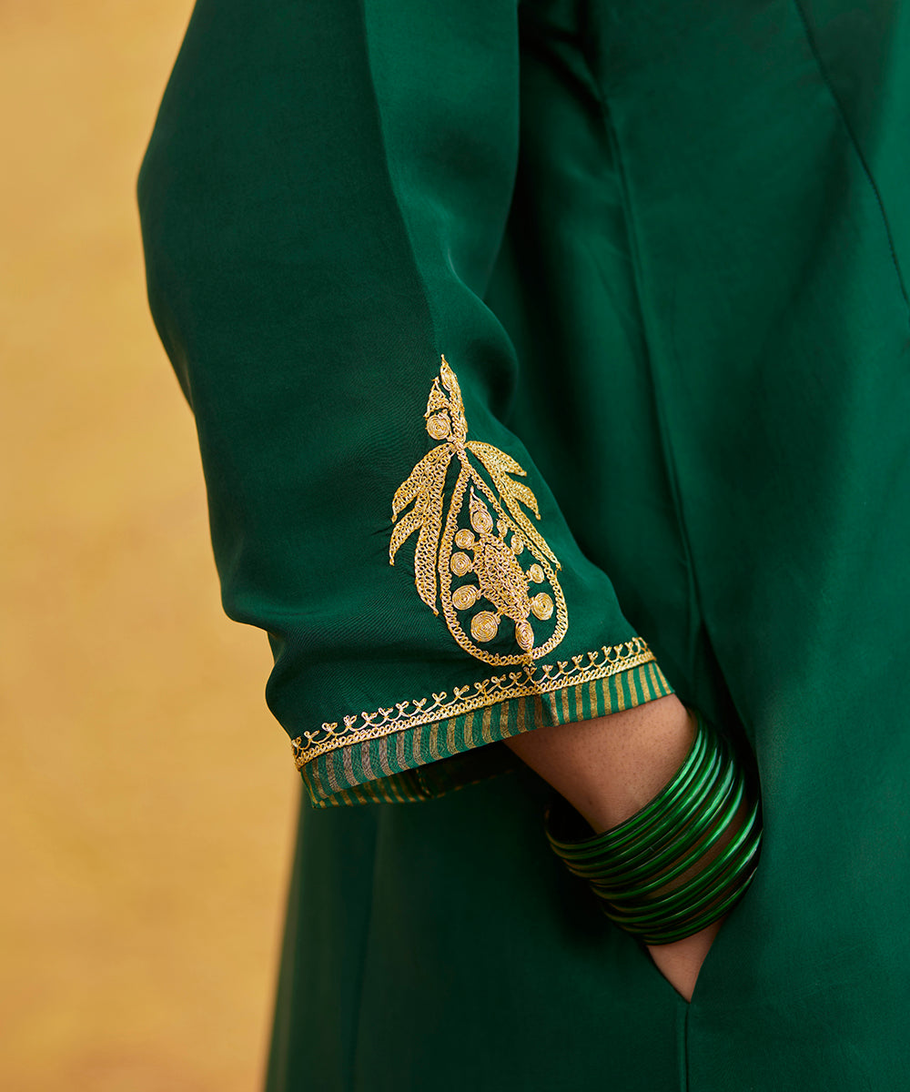 Bottle Green Pure Silk Tilla Hand Embroidered Suit With Pants And Dupa WeaverStory Bottle Green Pure Silk Tilla Hand Embroidered Suit With Pants And Dupa WeaverStory