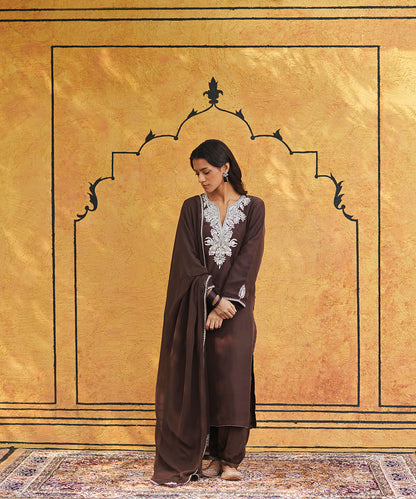 Dark_Brown_Pure_Silk_Tilla_Hand_Embroidered_Suit_With_Pants_And_Dupatta_WeaverStory_01